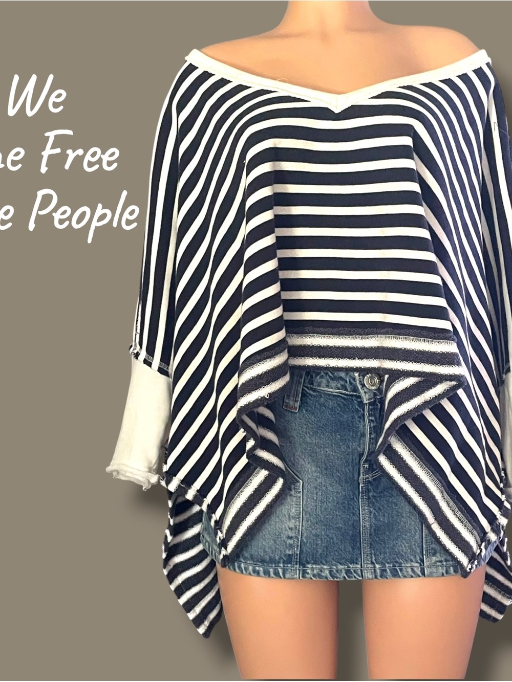 We The Free Free People Striped French Terry Raw Hem Oversized Poncho Tunic Top